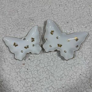 Set of 2 Vintage Ardalt Japan Porcelain Butterfly Trinket Dishes Gold Accents